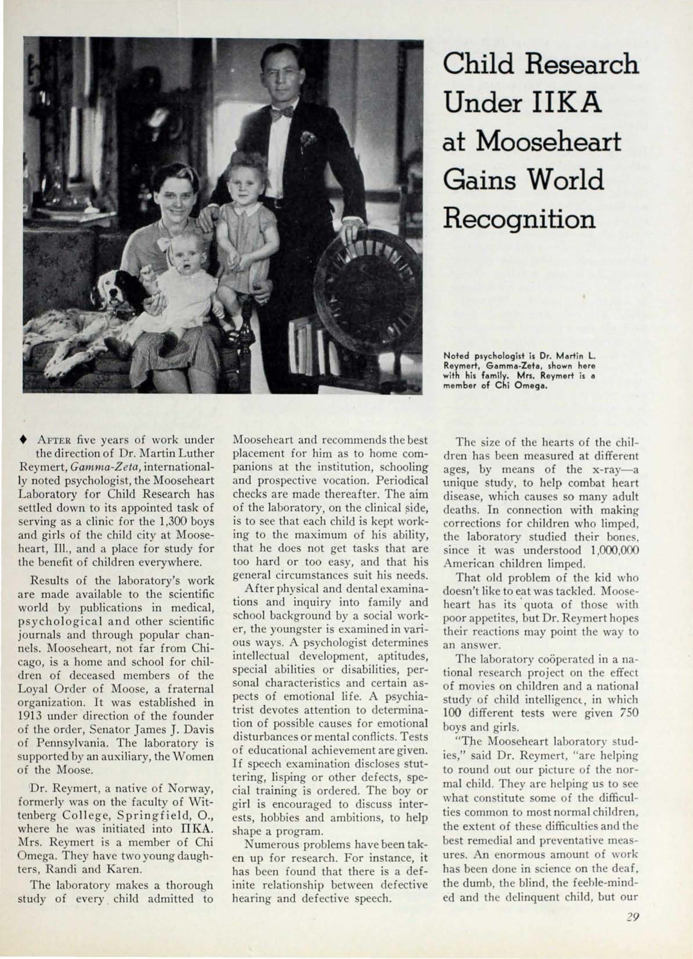 Child Research Under Pi Kappa Alpha at Mooseheart Gains World Recognition